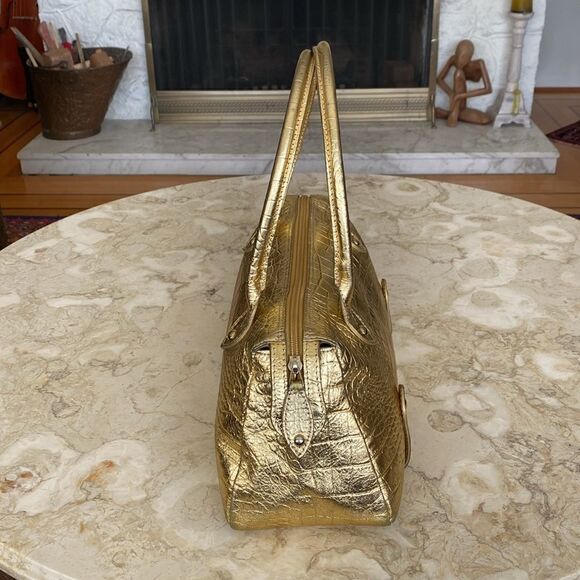 Claudia Firenze Italian Metallic Gold Croc Embossed Dual Handle Satchel Bag - Picture 5 of 14